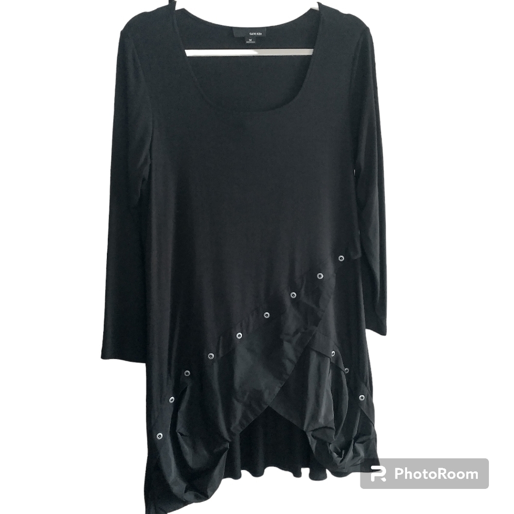 Sun Kim Lagenlook art-to-wear Black Ruffle Rival Hem Tunic Top/Dress L